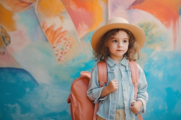 Mała dziewczynka z plecakiem i kapeluszem stoi przed kolorową ścianą z malowidłem dłoni