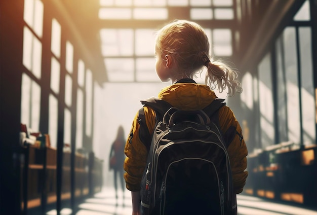 Zdjęcie mała dziewczynka z plecakiem idącym do szkoły widok z tyłu z powrotem do szkoły dziewczynka ze szkoły podstawowej z plecakiem dziewczynka w szkolnym korytarzu generatywne ai
