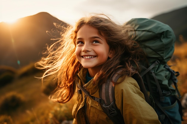 Mała dziewczynka z plecakiem wędruje na szczycie góry o zachodzie słońca Koncepcja podróży i przygody