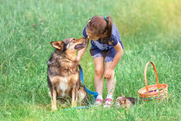 Mała dziewczynka z psem i kotem na zielonym trawniku