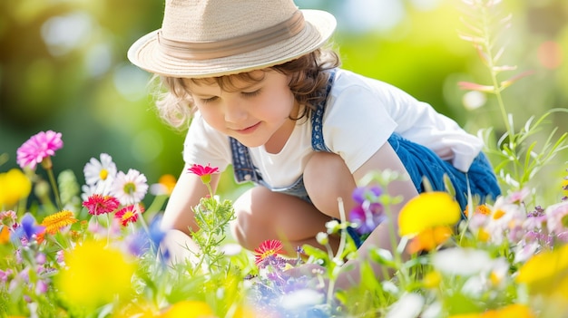 Zdjęcie mała dziewczynka z radością przytula źródła wesołej atmosfery i obfitych kwiatów