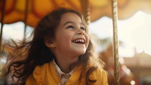 Mała dziewczynka z radosnym wyrazem twarzy, która z radością jeździ kolorową karuzelą