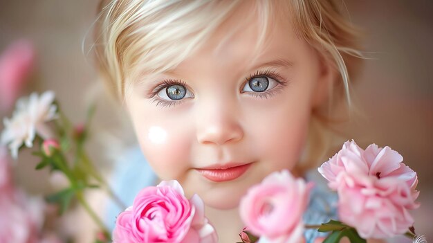 Zdjęcie mała dziewczynka z różową skórą i dużym uśmiechem trzymająca różowy bukiet kwiatów
