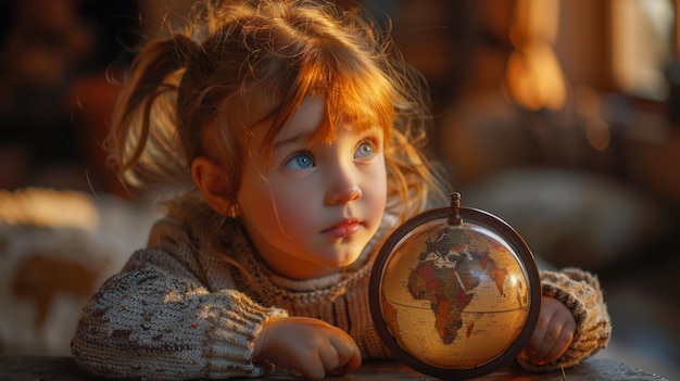 Mała dziewczynka z światowym globem wczesnej edukacji iskra intrygowana i skoncentrowana AI Generative