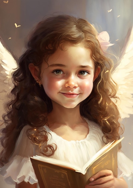 Mała dziewczynka ze skrzydłami i książką
