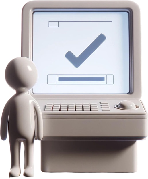 Mała figurka stoi obok monitora komputerowego z listą kontrolną