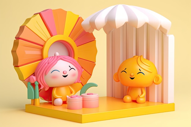 Zdjęcie mała figurka stojąca obok kolorowego parasola generative ai