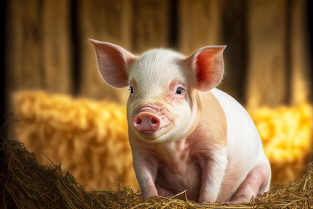 Mała gruba świnia siedzi na sianie na farmie świń