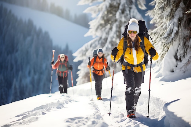 Mała grupa turystów wędruje po zimowych górach z pałkami turystycznymi i plecakiem