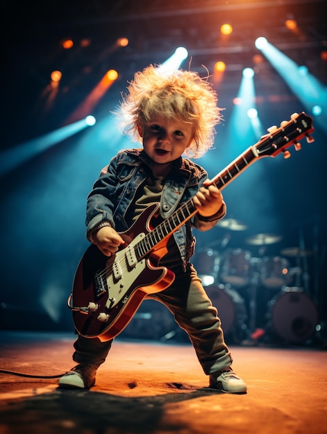 Mała gwiazda rocka grająca na gitarze elektronicznej na scenie, emocje, radość, wywołują zabawne uśmiechy i śmiech