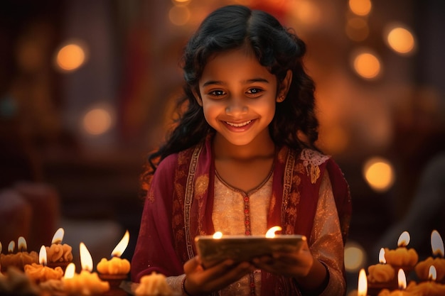 Mała indyjska dziewczyna z lampą olejną w ręku