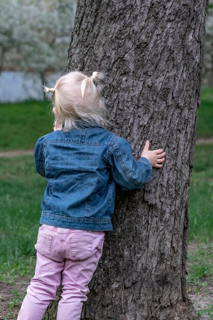 Mała jasnowłosa dziewczynka przytula drzewo w parku Dziewczyna z dwoma kucykami w dżinsowej kurtce na zewnątrz