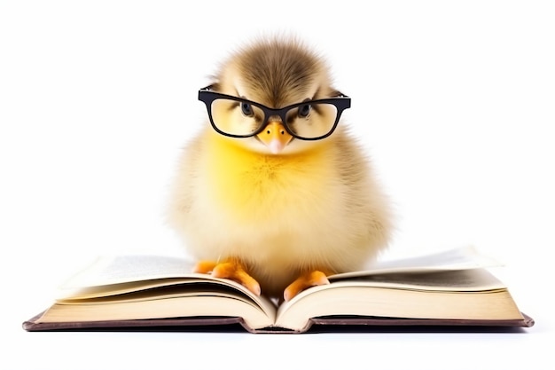 mała kaczka w okularach siedzi na książce