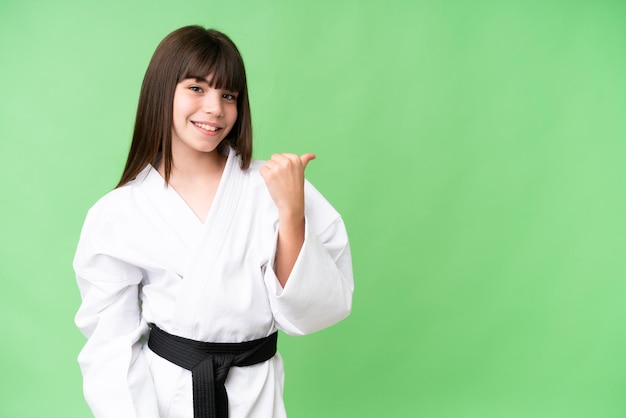 Mała kaukaska dziewczyna robi karate na odizolowanym tle, wskazując na bok, aby zaprezentować produkt