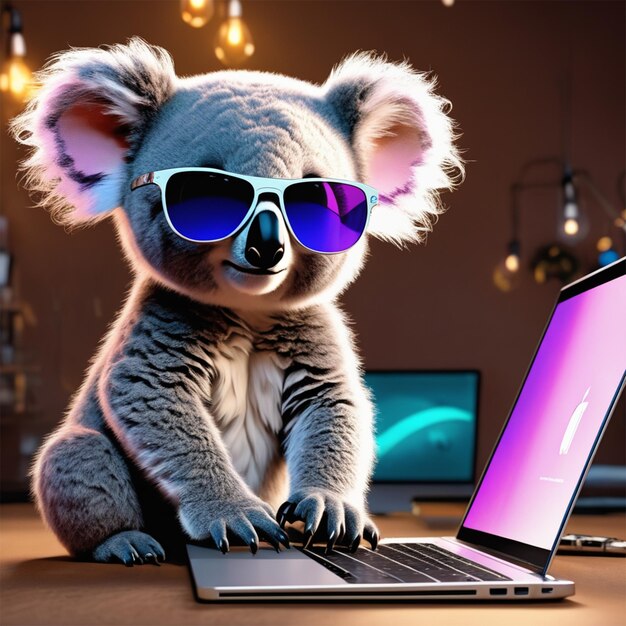 Mała koala w okularach rowerowych korzystająca z Macbooka na imprezie za kulisami