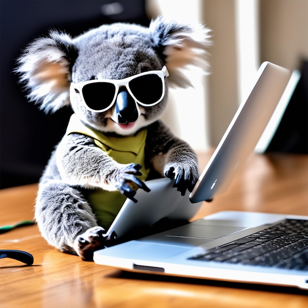 Mała koala w okularach rowerowych korzystająca z Macbooka na imprezie za kulisami
