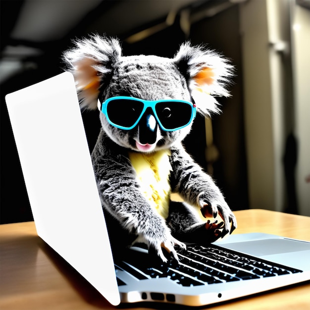 Mała koala w okularach rowerowych korzystająca z Macbooka na imprezie za kulisami