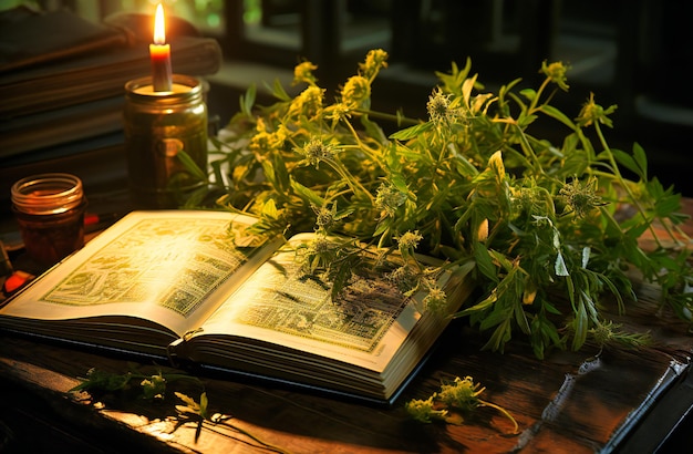 Mała książka na górnym stole z zielonymi ziołami
