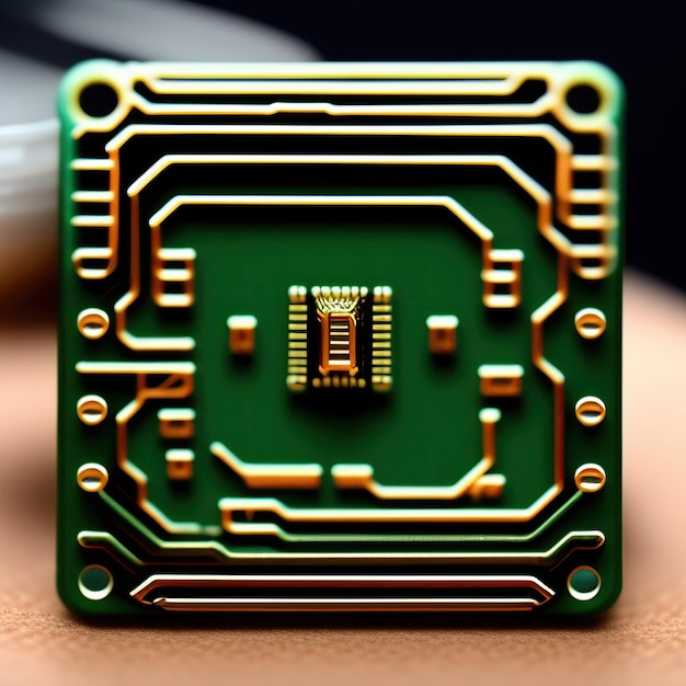 Mała kwadratowa zielono-złota płytka drukowana z chipem pośrodku