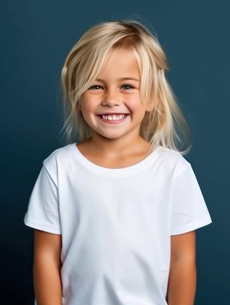 Mała ładna dziewczyna uśmiechający się model pozowanie na kamery w jasnym studio
