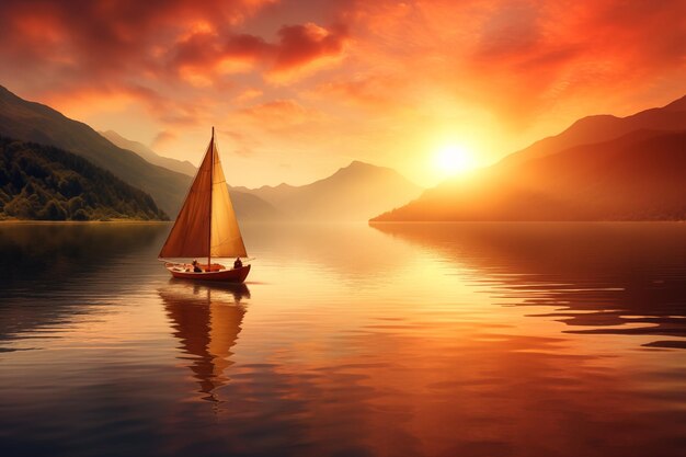 Mała łódź pływająca przez spokojne jezioro o świcie Generatywna sztuczna inteligencja