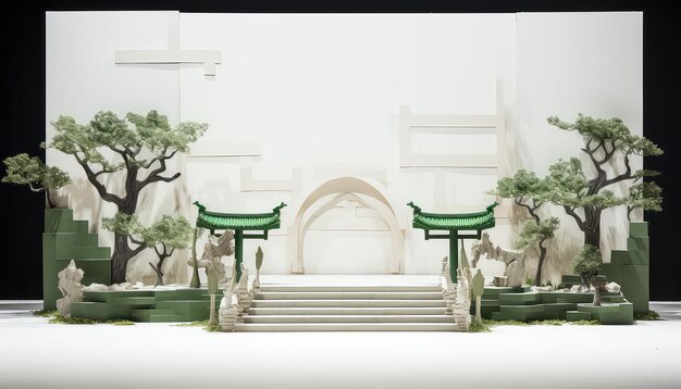 Mała minimalistyczna scena z białą i zieloną chińską bramą miejską