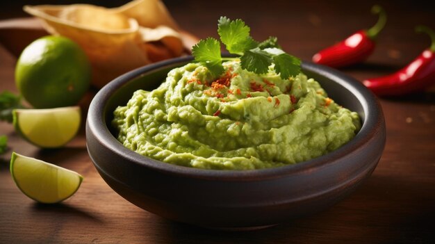 Zdjęcie mała miska domowego guacamole towarzyszy fajitasom, prezentując kremową i pyszną bazę awokado związaną ze smakiem czosnku cytrynowego i cilantro.