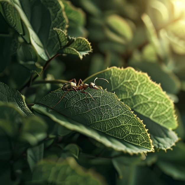 Mała mrówka pracująca na zielonym liście na zewnątrz wygenerowana przez sztuczną inteligencję