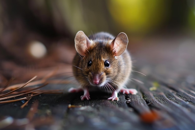 Mała mysz na drewnianej podłodze z bliska