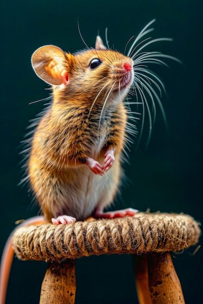 Mała mysz z dużymi wąsami siedzi na szczycie zabawki z liny