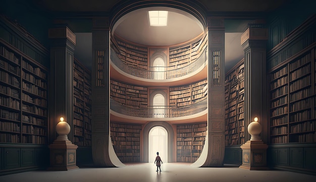 Mała osoba chodząca w gigantycznej bibliotece generatywnej ai