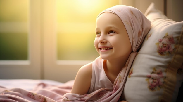 Mała pacjentka z rakiem uśmiechająca się na rozmytym tle stworzona za pomocą technologii Generative AI