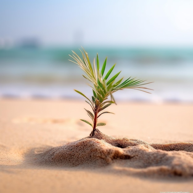 Mała palma siedzi na piaszczystej plaży