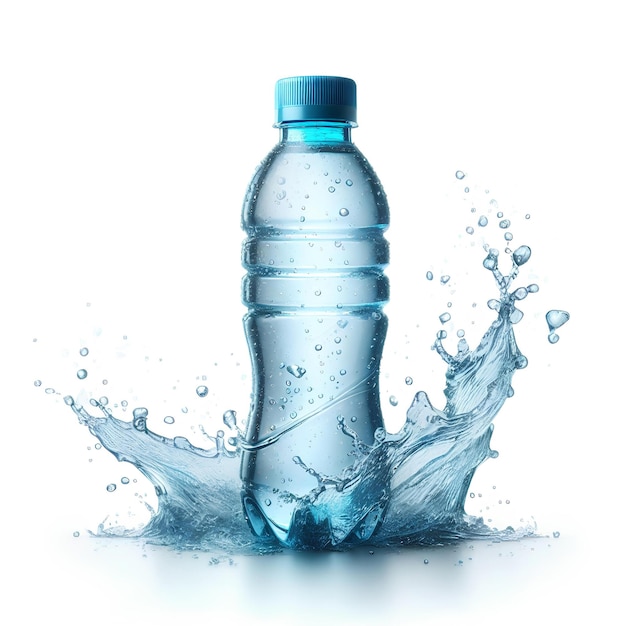 Mała plastikowa butelka z niebieską wodą izolowana na białym tle