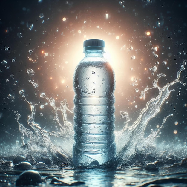 Mała plastikowa butelka z wodą na niebieskim tle