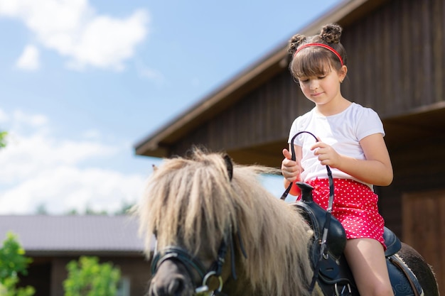 Mała pozytywna dziewczynka próbuje jeździć na koniu