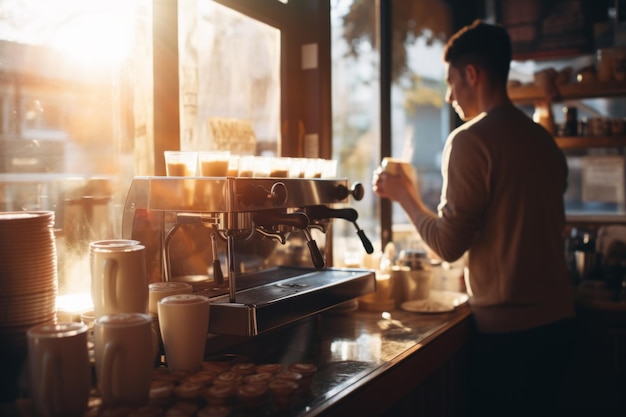 Mała przytulna kawiarnia sklep z kawą piekarnia przedsiębiorstwo wnętrze słoneczne światło poranne dumny szczęśliwy