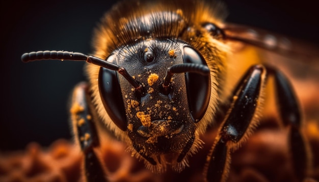 Mała pszczoła miodna pracująca nad zapylaniem z bliska generowana przez sztuczną inteligencję