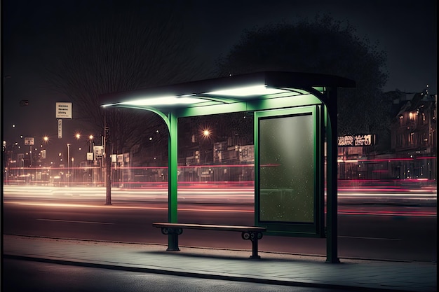 Mała pusta makieta lightbox stojąca osobno na krawędzi jezdni w nocnym mieście