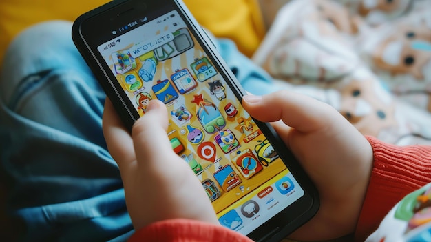 Zdjęcie mała ręka trzymająca smartfon z wieloma kolorowymi ikonami aplikacji na ekranie dziecko siedzi na kanapie i ma na sobie czerwoną koszulkę