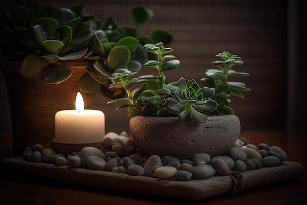 Mała roślina otoczona małymi kamieniami i świecą, aby stworzyć przytulną atmosferę