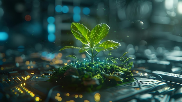Zdjęcie mała roślina wyrasta z chipa komputerowego w naturalnym środowisku