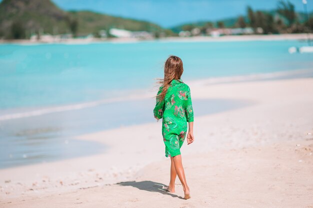 Mała śliczna dziewczyna z seashell w rękach przy tropikalną plażą.