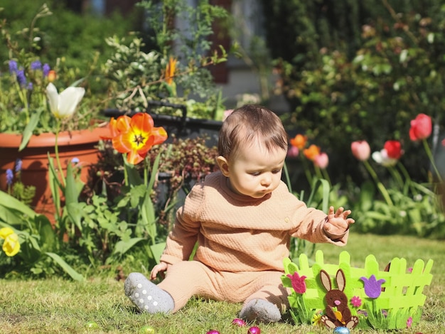 Mała śliczna kaukaska dziewczynka siedzi na trawniku wśród kwiatów i sięga z rękojeścią w filcowym Wielkanocnym koszu na czekoladę