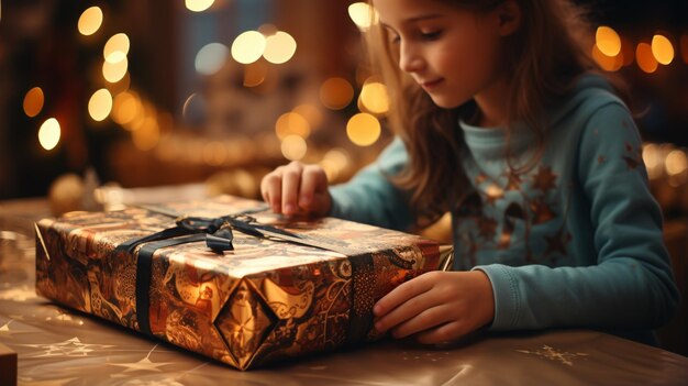 Zdjęcie mała słodka dziewczynka otwierająca pudełko w świątecznym wnętrzu