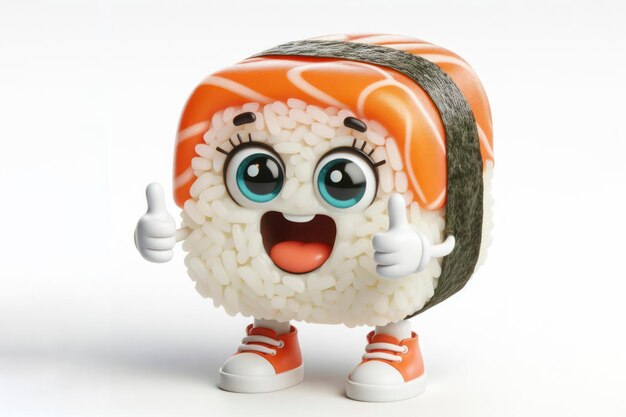 mała, słodka, szczęśliwa postać 3d sushi z wyłupiastymi oczami na białym tle ai generatywna