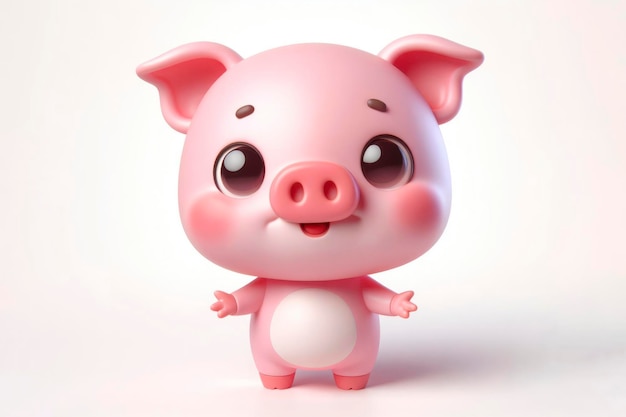 mała słodka, szczęśliwa różowa świnka postać 3D z wyłupiastymi oczami na solidnym białym tle ai generatywna