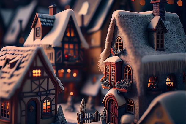 Mała świąteczna wioska jest oświetlona w nocy generatywną ai