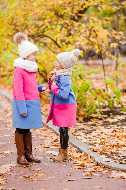 Mała szczęśliwa dziewczyna outdoors na ciepłym jesień dniu. Dzieci jesienią