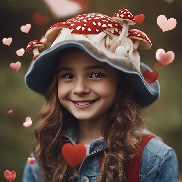 Mała urocza 10-letnia dziewczyna z uśmiechniętą twarzą, grzyb jak kapelusz na głowie, bardzo szczegółowy motyl patrzący na widzę, ręka w kształcie serca, serca pływające wokół